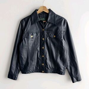Lauren Ralph Lauren Women’s Small Navy Blue Leather Gold Button Up Jacket Preppy
